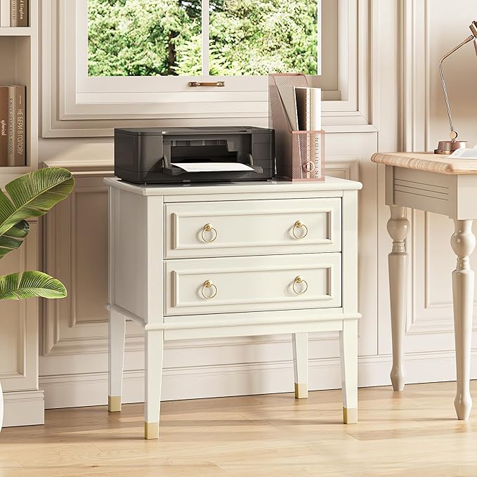 Huuger 27.6 Inch Tall Nightstand with Charging Station, USB-C Port, 2 Drawers Bedside Table, Larger Night Stand with 11.4 Inch Raised Legs, Painted Side Table End Table, for Bedroom, Milky White