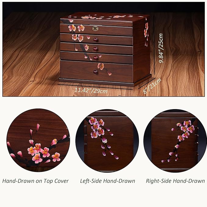 Vintage Wooden Jewelry Boxes with Lock & Key - Hand-Painted Large Jewelry Organizer, 6-Layer jewelry organizers and storage, Rustic Tabletop Jewelry Storage Box for Women/Men