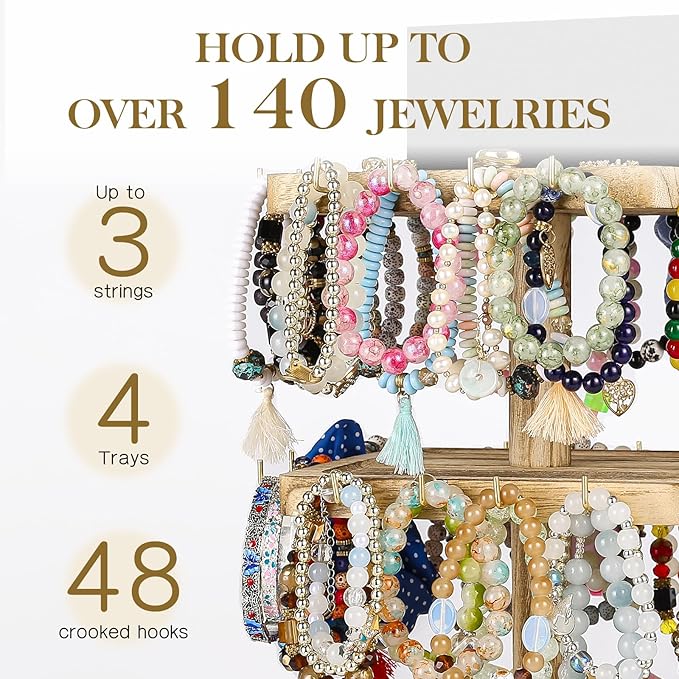 LadyRosian 3-Tier Wooden Rotating Jewelry Display Stand | Bracelet & Keychain Organizer with Advertising Board | 48 Hooks Rustic Holder for Vendor Booth & Stores (3-Tier Square Slot Display)
