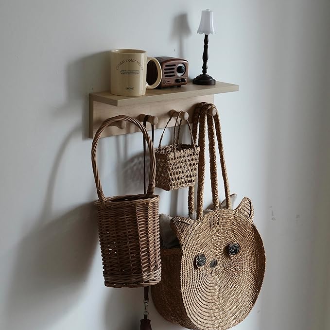 Entrance Coat Rack ，Coat Hooks, Wall-Mounted Wooden Hook Rack, Wall-Mounted Shelves are Very Suitable (Birch Colored Veneer)