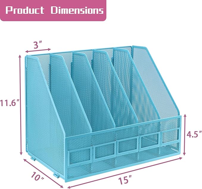 Desk Organizers, Metal Magazine File Holder with 5 Vertical Compartments Rack Binder File Organizer for Office Supplies, Home Workspace - Blue