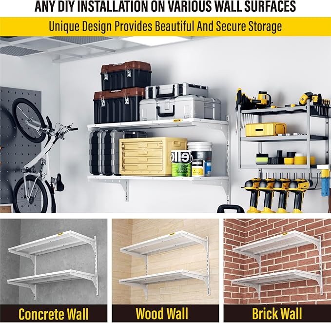 1pack×2 Tier 1.3x3ft Garage Shelving Wall Mounted, 250lbs Load Capacity,15.6x36inch per Shelf Height Cassette Adjustable Floating Shelves(White)