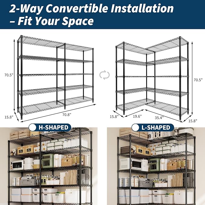 Garvee Metal Storage Shelves Heavy Duty Metal Shelving, 5-tier Wire Shelving Unit Shelves for Storage, Adjustable Shelf Organization for Garage Pantry Kitchen Commercial Basement, 70.8"W*15.8"D*70.5"H