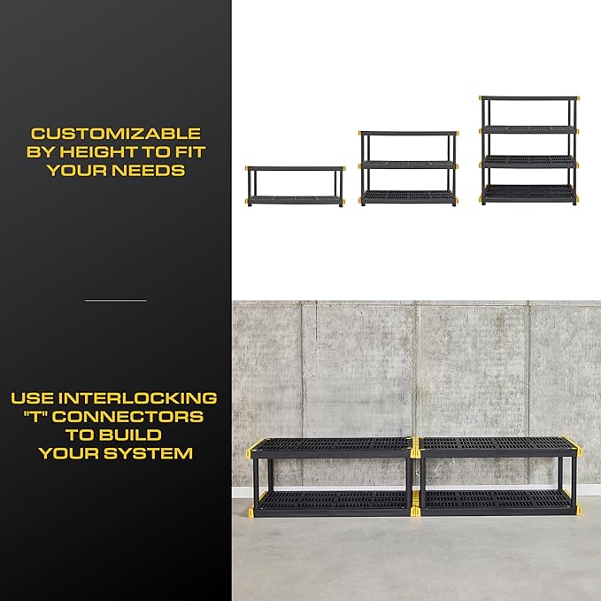 CX Black & Yellow, 4-Tier Heavy Duty Plastic Storage Shelving Unit, 200lbs/shelf (55"H x 48"W x 20"D), for Garage Tools, Basement & Outdoor Organization, Modular Rack