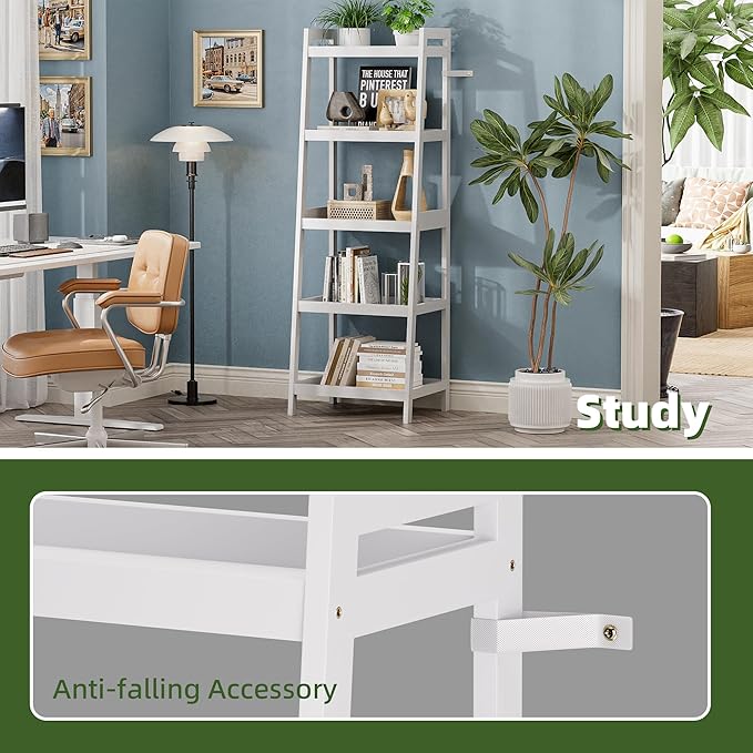 Bookshelf, 5 Tier Ladder Bookcase with Bamboo Frame, Freestanding Tall Narrow Display Plant Shelf for Living Room, Kitchen, Bedroom, Balcony, White