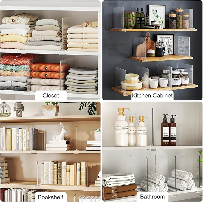 Purse Organizer for Closet Shelf Dividers: 6-Pack Adjustable Clear Acrylic Bag Storage Organizer for Handbags, Sweaters, Towels, Jeans and Shoes on Wood Shelves