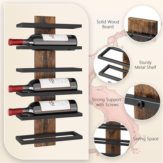 Hoctieon 6 Tier Wall Mount Wine Rack, Wall Mounted Wine Bottle Racks for Display and Storage, Hanging Bottle Holder for Living Room, Dining Room, Bar, Wine Cellar, Rustic Brown