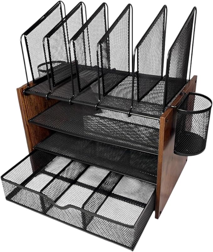 4-Tier Wood & Metal Desk Organizer – Vertical File Tray, Pen Holder & Drawer | Desktop Organizer for Home Office Supplies, Folders, Notebooks & Documents | Space-Saving Mesh Office Organizer
