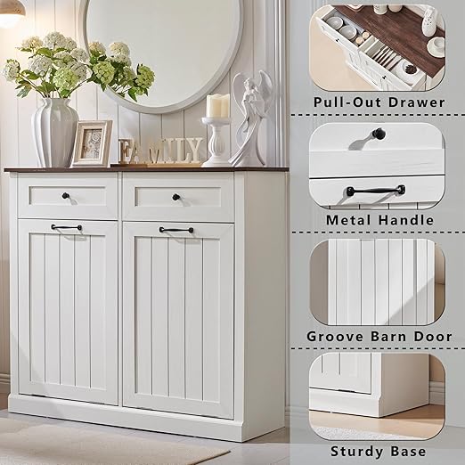 Double Tilt Out Trash Cabinet, 20 Gallon Farmhouse Laundry Hamper Cabinet with 2 Drawers, Hidden Wooden Trash Can Cabinets with Storage Basket for Kitchen, Living Room (Antique White)