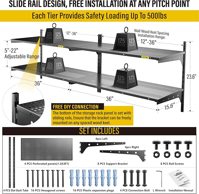 2-Pack 2 Tier 1.3x3ft Garage Shelving Wall Mounted, 500lbs Load Capacity，15.6x36inch per Shelf Height Cassette Adjustable Floating Shelves, Black