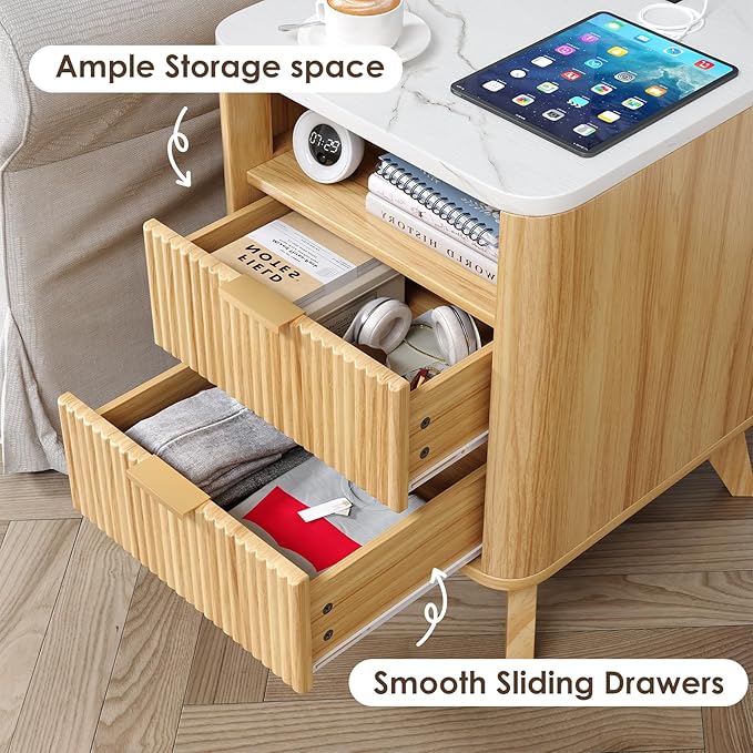 Nightstand with Charging Station, Fluted Nightstand with LED Lights, Modern Rustic Side Table with 2 Storage Drawers, Wooden End Table for Bedroom, Natural Oak 2pcs
