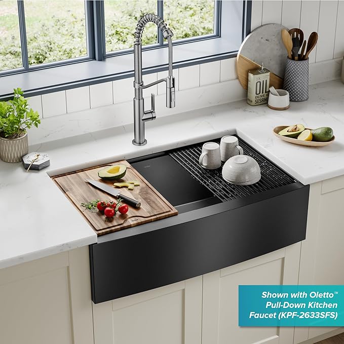 KRAUS Kore Workstation 33-inch Farmhouse Modern Flat Apron Front 16 Gauge Black Stainless Steel Single Bowl Kitchen Sink in PVD Gunmetal Finish with Accessories, KWF410-33/PGM