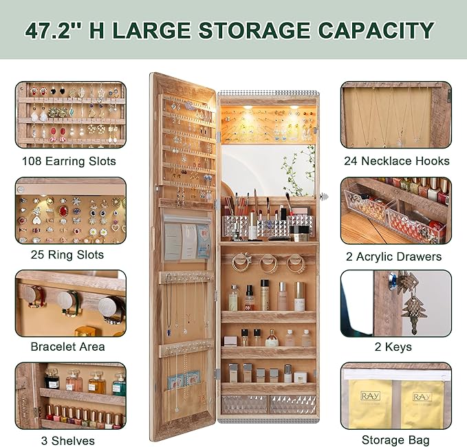 HNEBC LED Mirror Jewelry Cabinet,47.2" Wall Mounted Jewelry Organizer with Full-Length Mirror,Over The Door Hanging Jewelry Armoire Storage Cabinet,Folding Dresser,2 Drawers,Lockable, 3 Shelves(Wood)