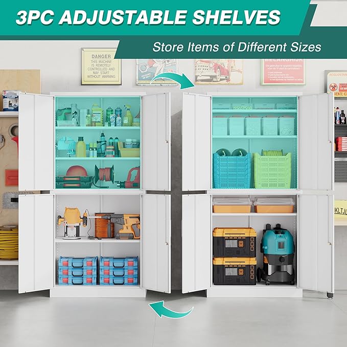 Metal Storage Cabinet with 3 Adjustable Shelves,White Storage Cabinet with Lock,71" Lockable Metal Cabinets with Locking Doors,Tall Steel Pantry Cabinets 4 Door for Home,Office,Garage,Bathroom,Kitchen