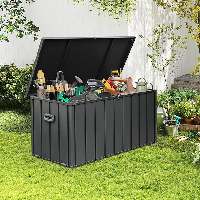 Domi 150 Gallon Deck Box, Metal Outdoor Storage Box with Lock Wheels Side Handles, Waterproof Outside Storage Box for Patio Cushions, Shoes & Pool Tools