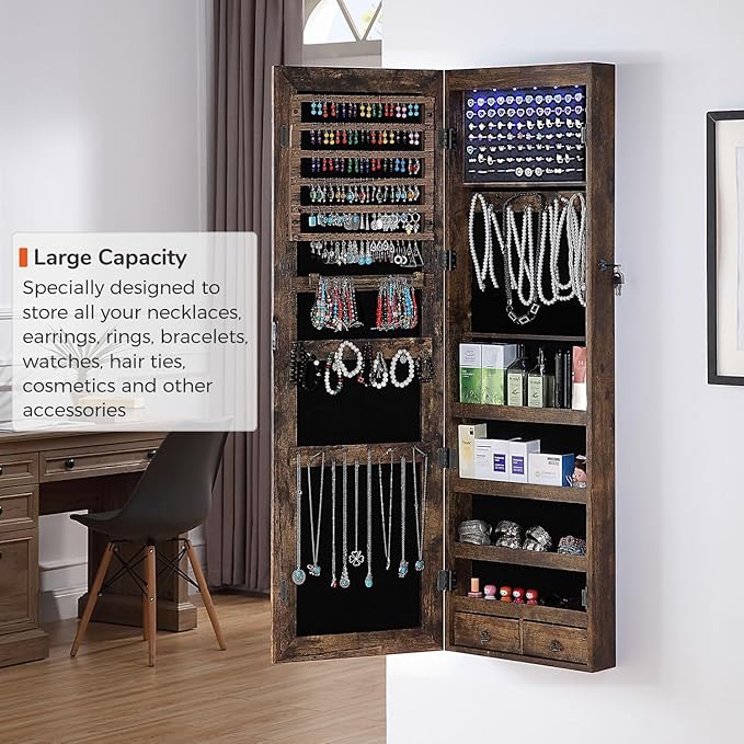 GISSAR Full Length Mirror Jewelry Cabinet, 6 LEDs Jewelry Armoire Wall Mounted Over The Door Hanging, Jewelry Organizer Storage with Lights Lockable, Vintage Brown, 14.6" x 47.2"