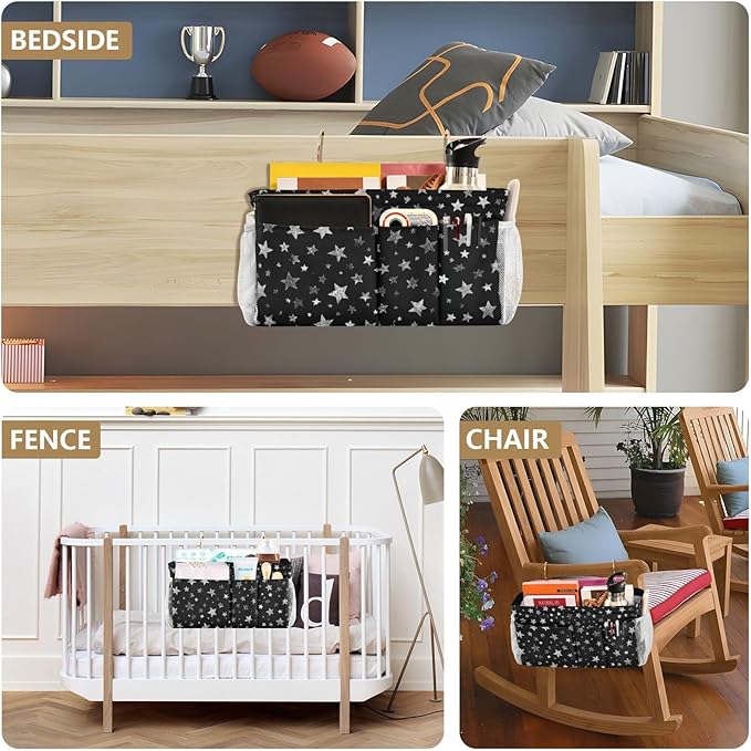 Sparkly Silver Stars Bedside Caddy for Dorm Bed Bedside Hanging Caddy Bag Iron Frame Storage Organizer Pocket for Bunk Home College Hospital Beds 2 Hooks