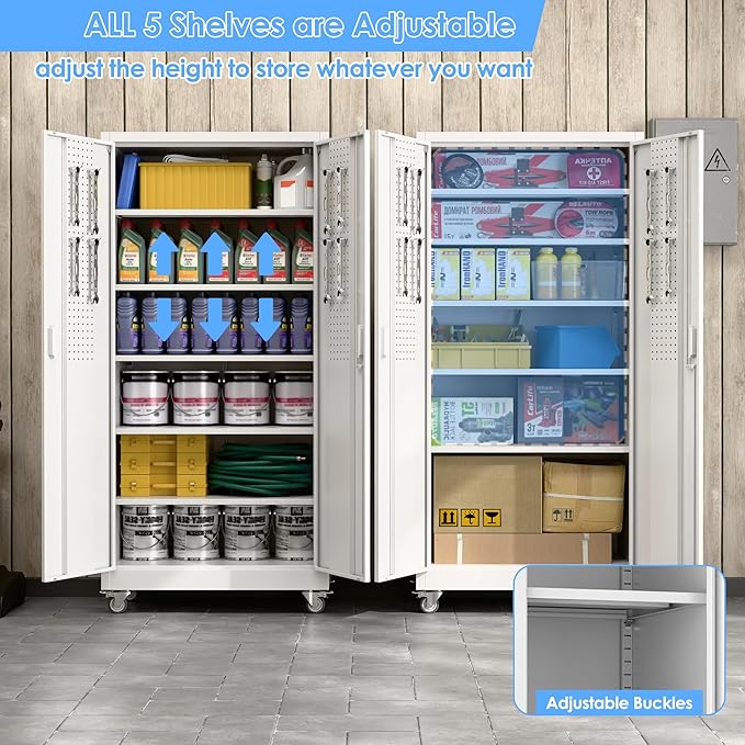 Metal Garage Storage Cabinet with Wheels & Pegboard, Lockable Metal Storage Cabinets with 2 Doors&5 Adjustable Shelves for Garage&Home,Assembly Required,White 71''H x32''W x16''D