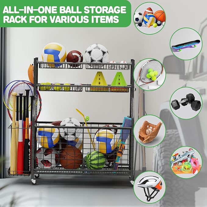 Garage Sports Equipment Organizer,Ball Storage With Four Baskets And Six Hooks,Sports Organizer For Garage,Heavy Duty Garage Organizer,Garage Storage,Garage Organization,Outdoor Toy Storage