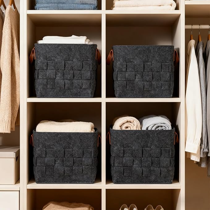 Bold monkey Storage Basket 3 Pack, Medium 10" x10" x10 " Baskets for Shelves with Leather Handle, Cube Felt Fabric Storage Box for Bedroom, Nursery, Living Room - Dark grey