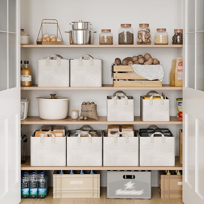 StorageWorks Storage Bins, Shelves Baskets for Organizing, 45L Extra Large Fabric Closet Organizers with Handles, Metal Frame, Beige（Cotton-linen）, 2-Pack