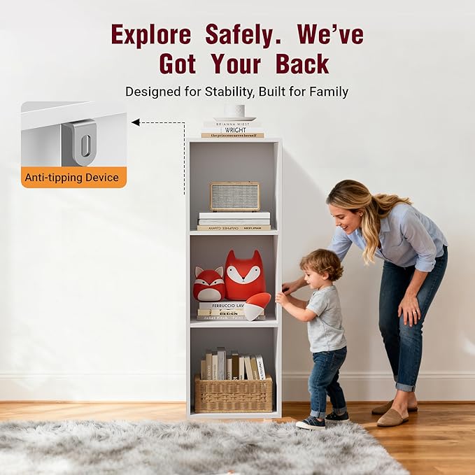 Book Shelf, Wooden Cube Storage Organizer with 11" Open Cubes, Stackable Modular Bookcase for Room Divider Storage, 3 Tier Bookshelf for Living Room, Bedroom, Office (White, 3-Cube)