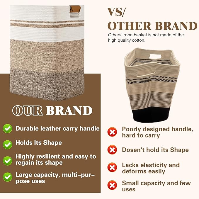 Laundry Hamper, 85L Tall Laundry Basket with Leather Handles, Rectangle Large Clothes Hamper for Organizing, Cotton Woven Laundry Baskets Storage Hampers for Bedroom, Nursery, Living Room