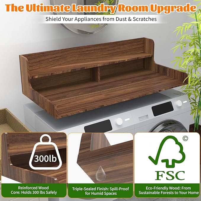 2-Tier Washer Dryer Countertop, Wood Laundry Countertop with Edge, 54" x 27.5" Top Cover for Laundry Machine, Washer and Dryer Wood Shelf Topper for Laundry Room Counter Storage Organization, Walnut