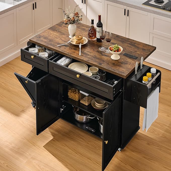 60.2" Kitchen Islands with Storage, Kitchen Island Cart with Trash Can Storage Cabinet, Rolling Kitchen Island Table with Drop Leaf & Power Outlet & Spice Rack & Towel Rack & Knife Holder, Black