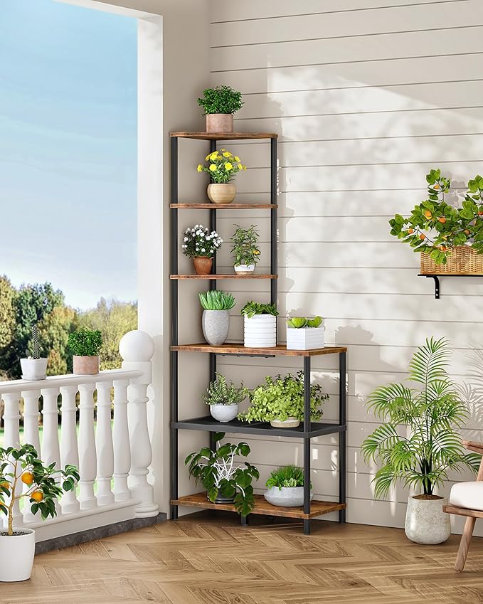 6-Tier Corner Shelf, Industrial Corner Bookshelf with Desk Top, Diamond-Shaped Storage Shelves, Display Stand for Small Spaces, Living Room, Home Office, Foyer, Rustic Brown and Black TCJ70BF