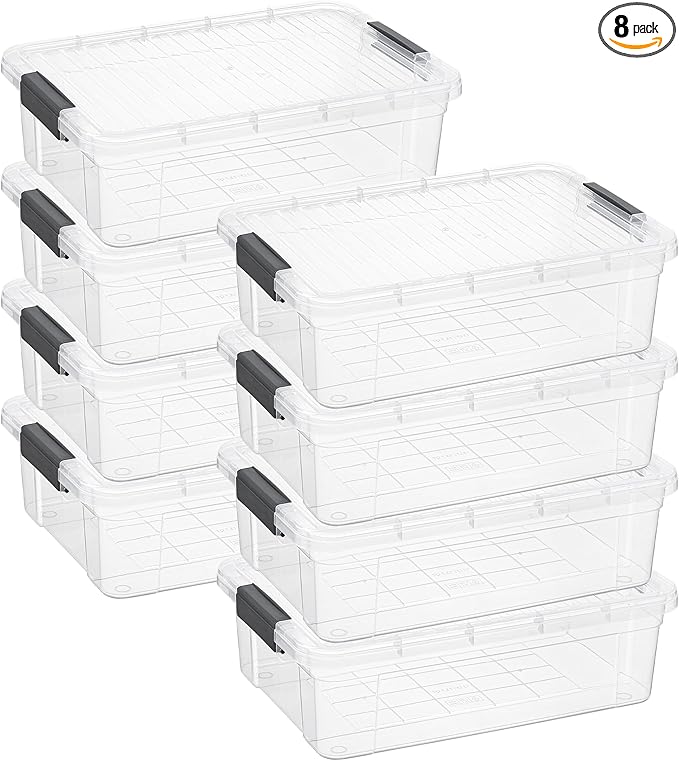 Superio Clear Storage Boxes with Lids, 13.7 Quart Plastic Container Bins for Organizing, Stackable Crates, BPA Free, Non Toxic, Odor Free, Organizers for Home, Office and Dorm, 8 Pack