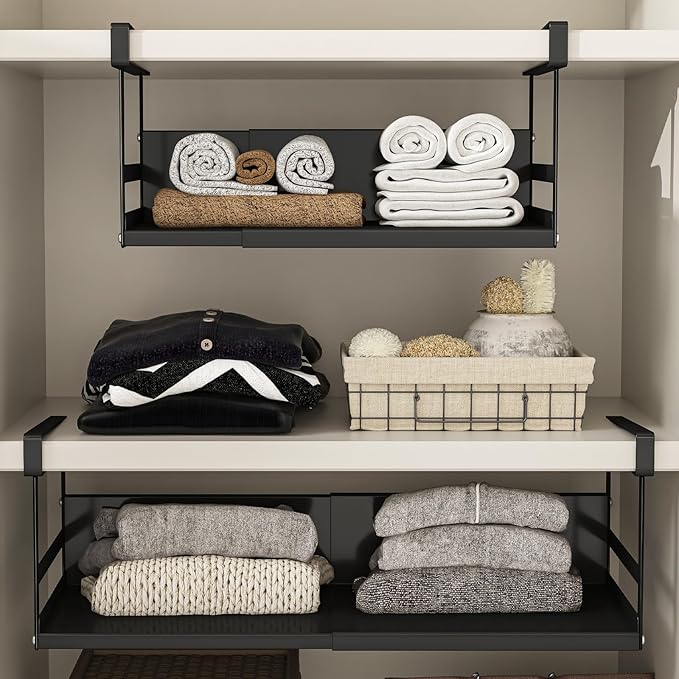 Expandable Under Cabinet Shelf Organizer with 0.94-Inch Thick Clips, Heavy Duty Extendable Under Shelf Storage Basket for Pantry or Laundry Room, Black, 2 Pack, Interior: 5.7" H x 7.2" D