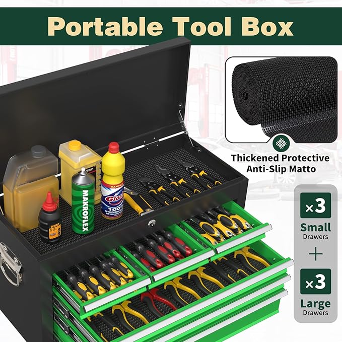 8-Drawer Heavy Duty Tool Chest with Wheels - Industrial Rolling Tool Box, Lockable Drawers & Smooth Glide System for Mechanics, Garage, Auto Repair Shop(GreenBlack)