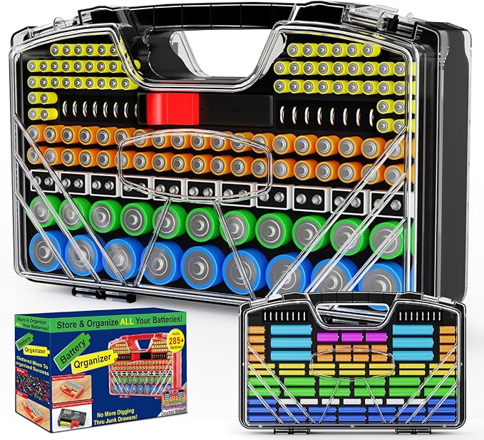 Battery Organizer Storage Holder Box Case with Tester, New Ultra-Large 285+Batteries Double-Sided Variety Pack, Holds AA AAA 4A C D 9V 3V Button Cell Lithium18650 CR2 CR123 CR1632 LR44 - Black