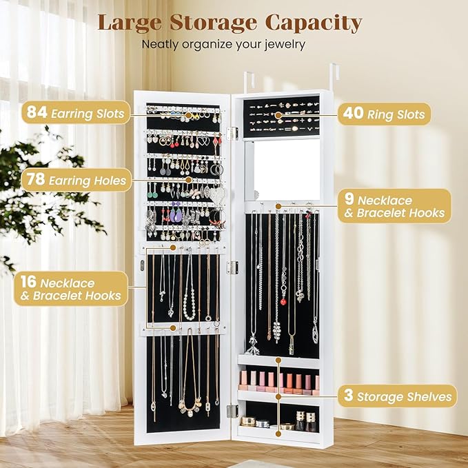 Giantex Wall Mounted Jewelry Cabinet with Full Length Mirror, Over The Door Jewelry Armoire Organizer with Large Storage, Makeup Mirror & Velvet Lining (White)