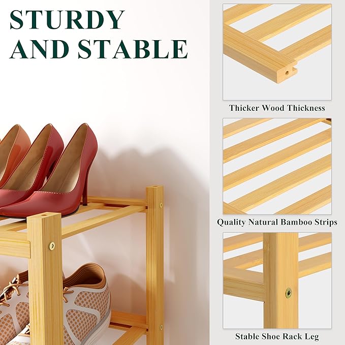 Smiry Bamboo Shoe Rack for Closet, 5 Tier Small Wooden Stackable Shoe Organizer, Free Standing Shoes Storage Shelf for Entryway, Front Door Entrance, Natural