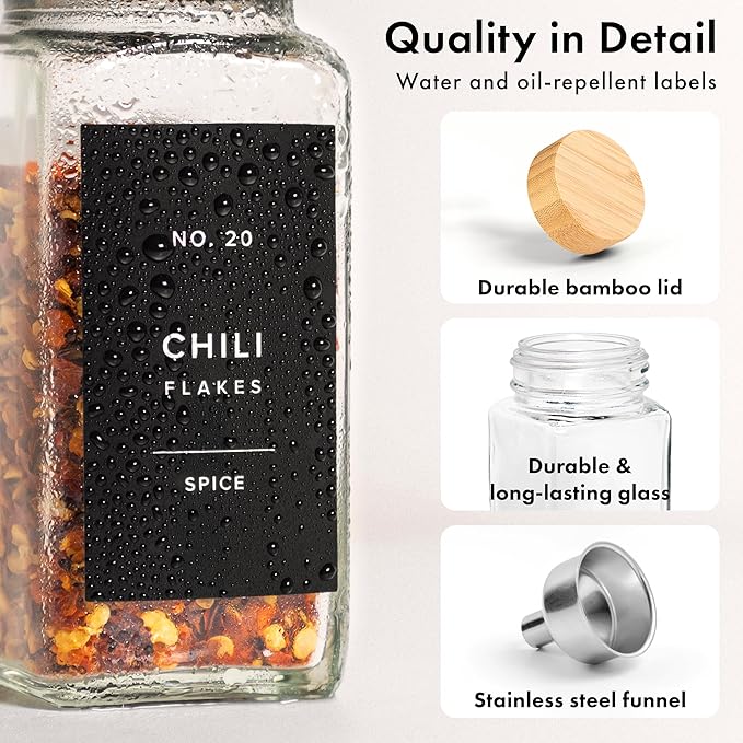 EDELHAUS® Square Spice Jars with Bamboo Wooden Lid (Pack of 24) Spice Jars with Shaker Insert and 240 Labels - Bamboo Lid Glass Container for Spice Organisation [4.3 in × 1.8 in]