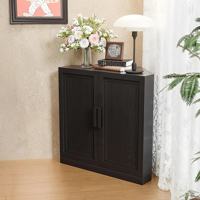 Casaphoria Farmhouse Corner Cabinet, Wooden Corner Storage Cabinet with Adjustable Shelves, Narrow Storage Organizer for Small Space, 31" H x 31" W x 16" D, 44Lb, Black