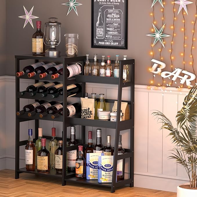 VASMIA Versatile Liquor Stand for Home Bar, Wine Rack Freestanding Floor, Mini Bar Table with Bamboo Trapezoidal Liquor Bottle Display Shelf Cabinet for Living Room, Black