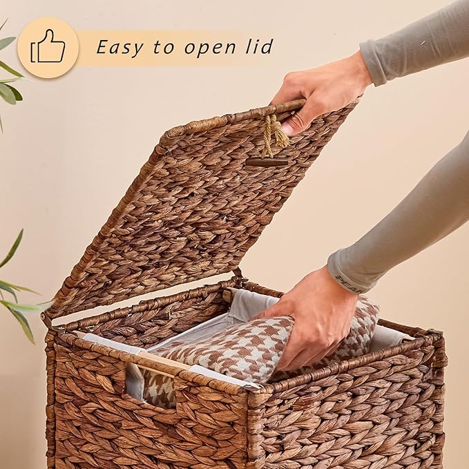 Handwoven Laundry Hamper with Lid, Natural Water Hyacinth Heightened Feet Laundry Basket, Wicker Clothes Hamper with Removable Liner Bag
