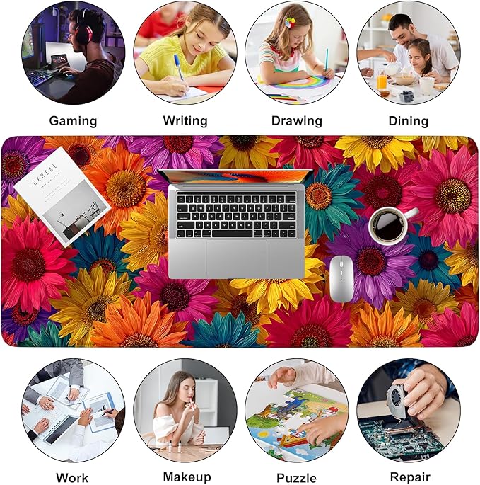 Colorful Floral Mouse Pad – Large Extended Desk Mat 35.43 x 15.75 in – Bright Rainbow Sunflower Design, Non-Slip Rubber Base, Waterproof Surface, Oversized Keyboard & Mouse Pad for Office or Gaming