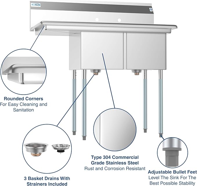 KoolMore 2 Compartment Stainless Steel NSF Commercial Kitchen Prep & Utility Sink with Drainboard - Bowl Size 14" x 16" x 11"