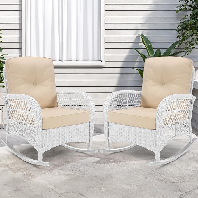 VIVIJASON 2 Piece Patio Wicker Rattan Rocker Chair, Outdoor Rattan Rocker Chair with Cushions & Steel Frame, All-Weather Rocking Lawn Wicker Furniture for Garden Backyard Porch (White Wicker/Beige)