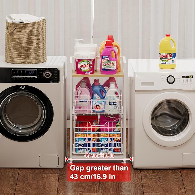 3 Tier Laundry Room Cart with Pull-Out Baskets, Utility Cart Rolling Storage Cart with Wheels Bathroom Organizers Storage Shelf with Wood Top Laundry Room Organization and Storage, White