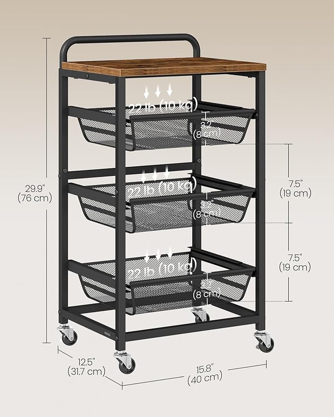 VASAGLE Storage Cart with Pull-Out Baskets, 4-Tier Kitchen Cart with Wheels, Handle, 12.5 x 15.8 x 29.9 Inches, Rustic Brown and Ink Black ULRC040K01