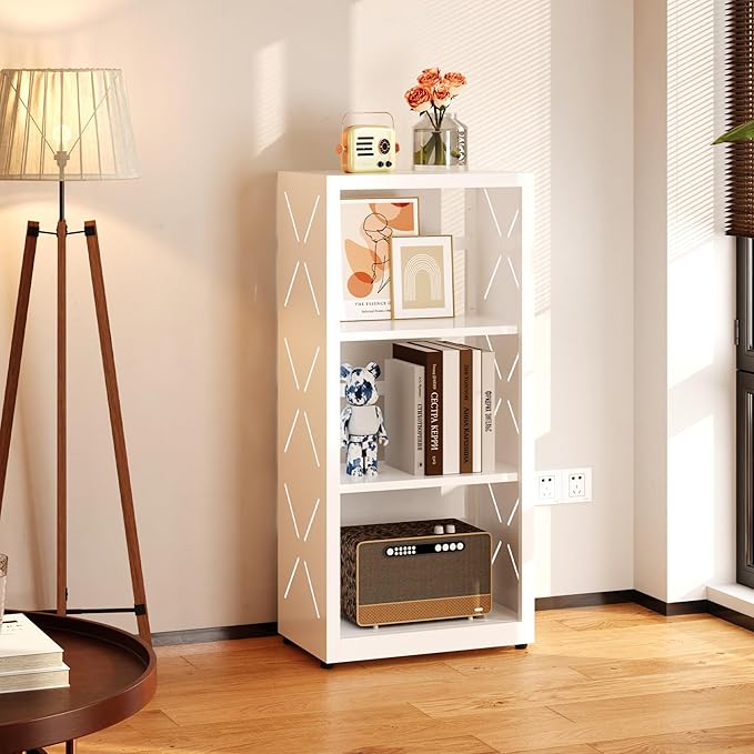 Narrow Bookshelf,3 Tier Bookcase,34" White Metal Small Bookshelf with Adjustable Feet and Adjustable Shelves,Home Office Bookcase Shelf Storage Organizer for Living Room、Kitchen