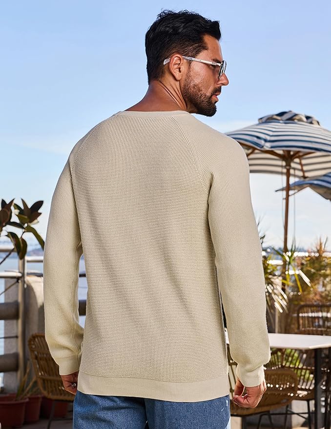 Vssjavun Sweaters for Men Crewneck Cable Knit Waffle Textured Pullover Sweater Warm Kitted Sweater Apricot