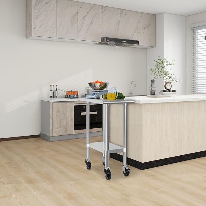 HARDURA Stainless Steel Commercial Table Prep & Work Table with Casters Heavy Duty Metal Table with Wheels NSF 430 24×15 Inches