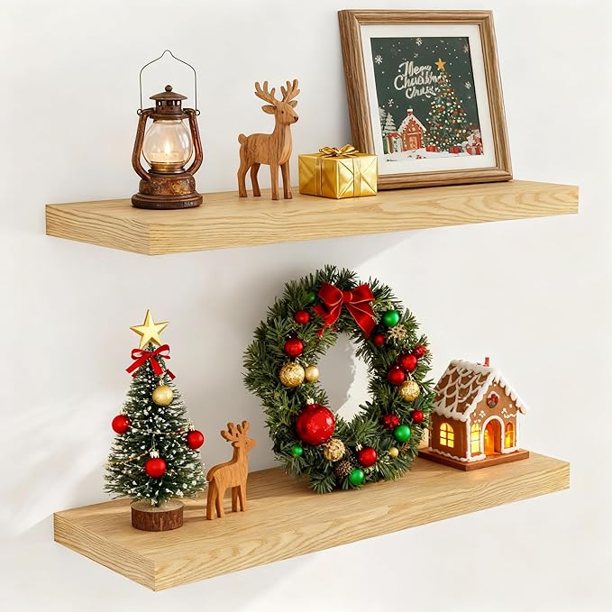 Fun Memories 32 Inch Floating Shelves for Wall Set of 2, Rustic Wood Wall Mounted Floating Shelf for Bathroom, Bedroom, Kitchen, 9.3 Inch Deep Shelves Invisible Brackets for Books|Storage|Decor, Oak