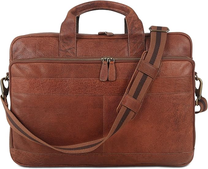 Leather briefcase 18 Inch Laptop Messenger Bags for Men and Women Best Office briefcase Satchel Bag (Wash Tan)
